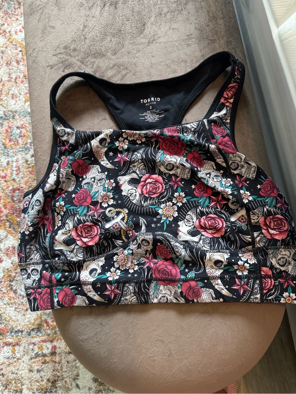 Floral Racerback Sports Bra — Black with Multicolor Rose Print - Picture 4 of 6